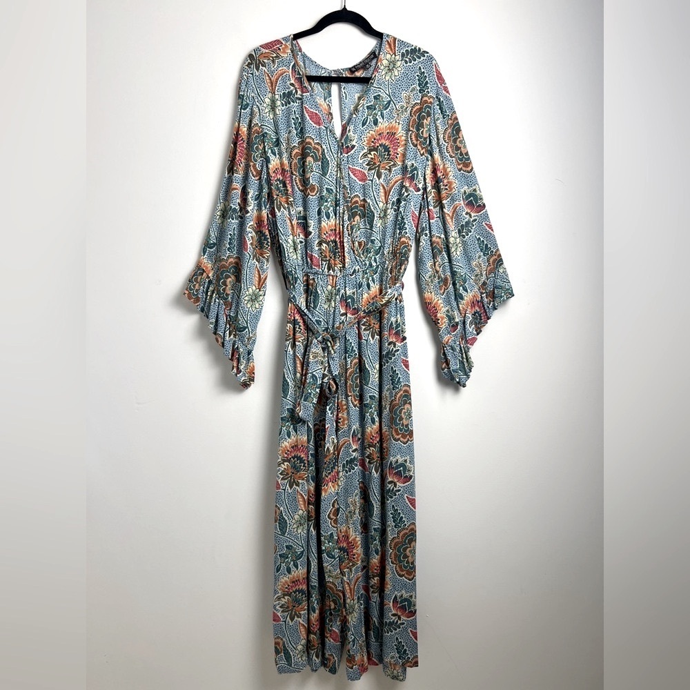 Pyramid Collection‎ 1X Bohemian Blue Floral Print Long Ruffle Sleeve Jumpsuit